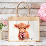 Personalized Cute Highland Cow Design Large Jute Tote Bag with Name and Cotton Pocket for Commute Work Birthday Gift for Highland Cow Lover