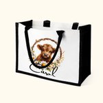 Personalisierte Hochlandkuh Sonnenblume Design große wiederverwendbare Canvas Tragetasche mit Namen Reise Essentials Geburtstagsgeschenk für Kuh-Liebh