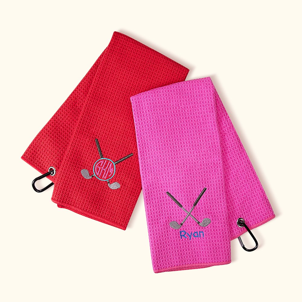 Serviette de Golf Tri-pliée Gaufrée Brodée Personnalisée avec Nom Multicolore Clip de Suspension Accessoire Portable Cadeau pour Amoureux de Sport