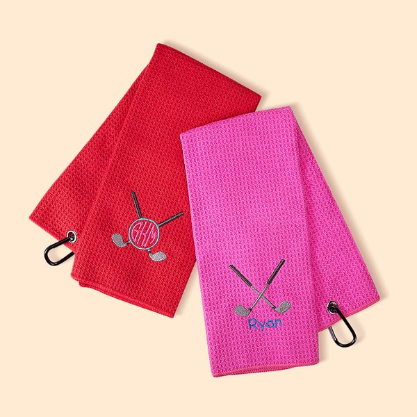 Serviette de Golf Tri-pliée Gaufrée Brodée Personnalisée avec Nom Multicolore Clip de Suspension Accessoire Portable Cadeau pour Amoureux de Sport