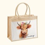 Personalized Cute Highland Cow Design Large Jute Tote Bag with Name and Cotton Pocket for Commute Work Birthday Gift for Highland Cow Lover