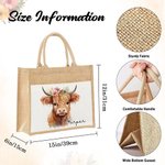 Personalized Cute Highland Cow Design Large Jute Tote Bag with Name and Cotton Pocket for Commute Work Birthday Gift for Highland Cow Lover
