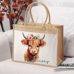 Personalized Cute Highland Cow Design Large Jute Tote Bag with Name and Cotton Pocket for Commute Work Birthday Gift for Highland Cow Lover