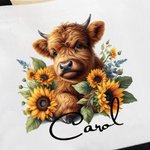 Personalisierte Hochlandkuh Sonnenblume Design große wiederverwendbare Canvas Tragetasche mit Namen Reise Essentials Geburtstagsgeschenk für Kuh-Liebh