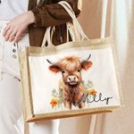 Personalized Cute Highland Cow Design Large Jute Tote Bag with Name and Cotton Pocket for Commute Work Birthday Gift for Highland Cow Lover