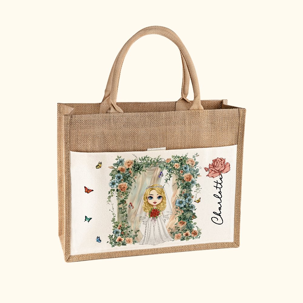 Sac en Toile de Jute Personnalisée avec Nom Fleur de Naissance Personnage Cartoon sous Arche Florale Cadeau Enterrement de Vie de Jeune Fille Mariage