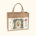 Personalized Floral Arch Birth Flower Cartoon Jute Tote Bag with Name and Canvas Pocket Wedding Bridal Shower Bachelorette Party Gift for Women
