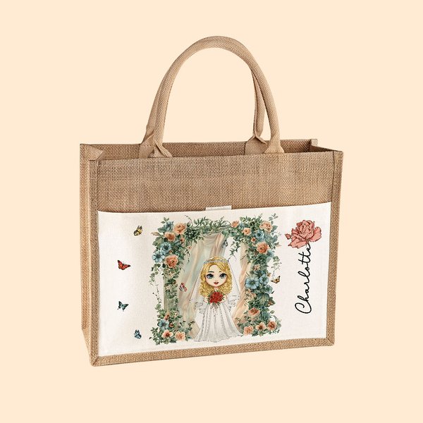 Personalisierte Blumenbogen Geburtsblume Cartoon Jutetasche mit Namen und Segeltuch Tasche Hochzeit Brautdusche Bachelorette Party Geschenk für Damen