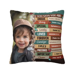 Cuscino personalizzato con foto e nome: Dio dice che sei, versetto biblico di affermazione, regalo religioso, cristiano e ispiratore per la famiglia, 