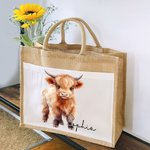 Personalized Cute Highland Cow Design Large Jute Tote Bag with Name and Cotton Pocket for Commute Work Birthday Gift for Highland Cow Lover