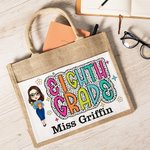 Personalised Cartoon Character Reusable Name Jute Tote Bag with Front Pocket Back to School Gift for Teacher