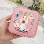 Personalised Cartoon Character Romantic Woven Floral Wreath Travel Jewellery Case with Name Wedding Bridal Shower Honeymoon Gift for Bride Bridesmaid