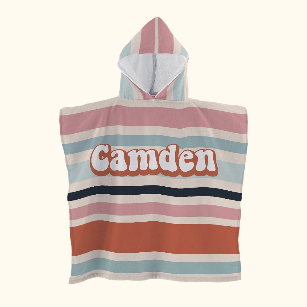 Asciugamano da spiaggia con cappuccio per bambini con nome, personalizzato a strisce colorate vintage, morbido e ad asciugatura rapida, regalo per bam