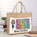 Personalised Cartoon Character Reusable Name Jute Tote Bag with Front Pocket Back to School Gift for Teacher