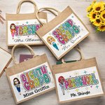 Personalised Cartoon Character Reusable Name Jute Tote Bag with Front Pocket Back to School Gift for Teacher