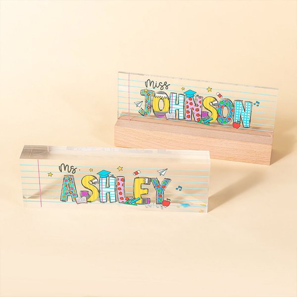 Personalised Doodle Letter Acrylic Desk Name Plate with Title and Name Appreciation Back To School Office Decor Gift for Teacher