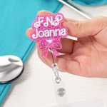 Personalized Pink Glitter Bow Knot Name Badge Reel Appreciation Graduation Gift for Nurse Doctor Office Worker