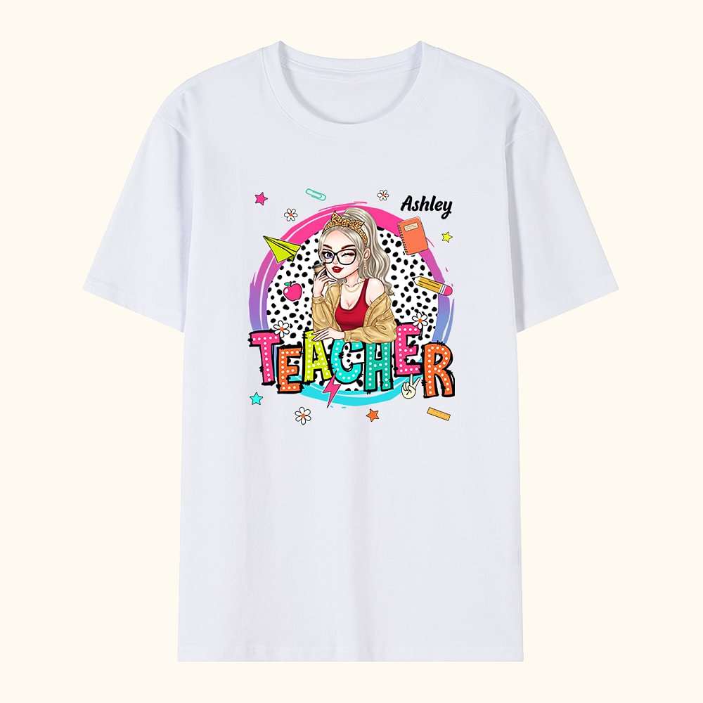 T-shirt 100% Coton Personnalisé avec Nom et Personnage de l'Enseignant Cartoon Cadeau de Remerciement Rentrée Scolaire pour Professeur