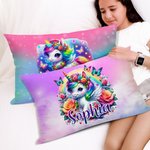 Personalized Cartoon Rainbow Floral Unicorn Soft Throw Pillow Cover with Name Birthday Children's Day Gift for Kids Unicorn Lovers