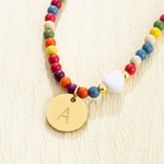 Personalized Boho Style Colorful Beaded Adjustable Anklet Golden Elastic Anklet Set with Engraved Initial Disc Summer Beach Birthday Gift for Women