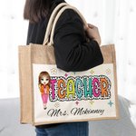 Personalised Cartoon Character Reusable Name Jute Tote Bag with Front Pocket Back to School Gift for Teacher