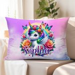 Personalized Cartoon Rainbow Floral Unicorn Soft Throw Pillow Cover with Name Birthday Children's Day Gift for Kids Unicorn Lovers