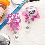 Personalized Pink Glitter Bow Knot Name Badge Reel Appreciation Graduation Gift for Nurse Doctor Office Worker