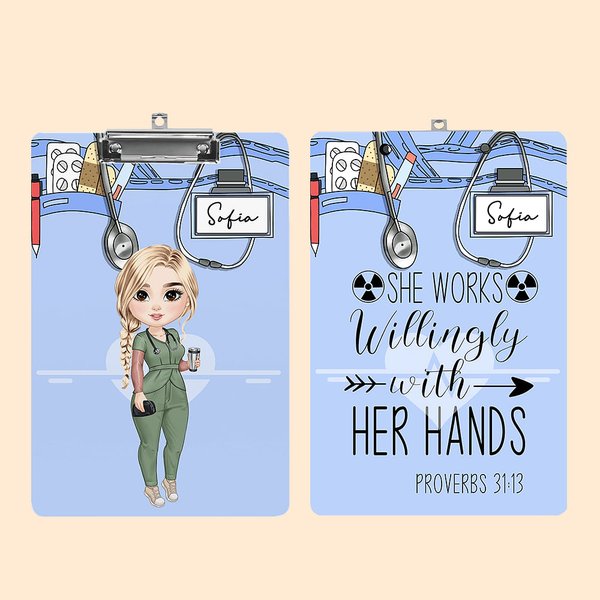 Personifierad Arbetar villigt med händerna Hängande Clipboard med låg profil och namn Examensgåva för sjuksköterska Läkare Läkarstudent