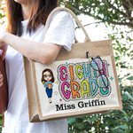 Personalised Cartoon Character Reusable Name Jute Tote Bag with Front Pocket Back to School Gift for Teacher