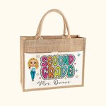 Personalised Cartoon Character Reusable Name Jute Tote Bag with Front Pocket Back to School Gift for Teacher