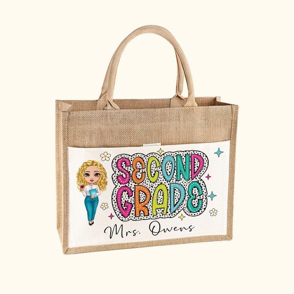 Personalisierte Cartoon-Charakter wiederverwendbare Name Jute Tasche mit Fronttasche Tote Bag zurück zu Schule Geschenk für Lehrer