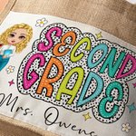 Personalised Cartoon Character Reusable Name Jute Tote Bag with Front Pocket Back to School Gift for Teacher