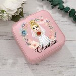 Personalised Cartoon Character Romantic Woven Floral Wreath Travel Jewellery Case with Name Wedding Bridal Shower Honeymoon Gift for Bride Bridesmaid