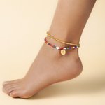 Personalized Boho Style Colorful Beaded Adjustable Anklet Golden Elastic Anklet Set with Engraved Initial Disc Summer Beach Birthday Gift for Women