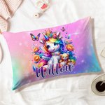 Personalized Cartoon Rainbow Floral Unicorn Soft Throw Pillow Cover with Name Birthday Children's Day Gift for Kids Unicorn Lovers