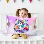 Personalized Cartoon Rainbow Floral Unicorn Soft Throw Pillow Cover with Name Birthday Children's Day Gift for Kids Unicorn Lovers
