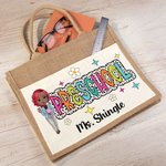 Personalised Cartoon Character Reusable Name Jute Tote Bag with Front Pocket Back to School Gift for Teacher