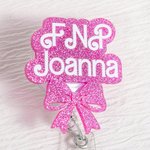 Personalized Pink Glitter Bow Knot Name Badge Reel Appreciation Graduation Gift for Nurse Doctor Office Worker