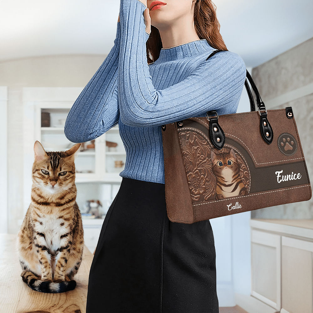 Personalized Retro Cartoon Cat Pebbled Leather Large Tote Bag with Name ... - Personalized Cat Carrying Bags