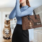 Personalized Retro Cartoon Cat Pebbled Leather Large Tote Bag with Name and Shoulder Strap Birthday Anniversary Memorial Gift for Cat Pet Lovers
