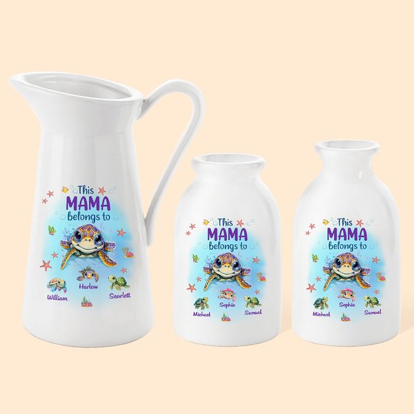 Personalised This Mama Belongs To Turtles Family Ceramic Vase with 1-7 Kid Names Mother's Day Birthday Christmas Gift for Mom Grandma