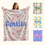 Personalised Childlike Cartoon Bunny Dinosaur Flower Warm Soft Blanket with Name Birthday Children's Day Gift for Kids