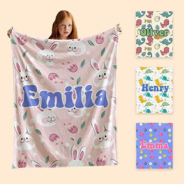 Personalizado infantil de dibujos animados conejito dinosaurio flor cálido suave manta con nombre cumpleaños día de los niños regalo para los niños