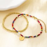 Personalized Boho Style Colorful Beaded Adjustable Anklet Golden Elastic Anklet Set with Engraved Initial Disc Summer Beach Birthday Gift for Women