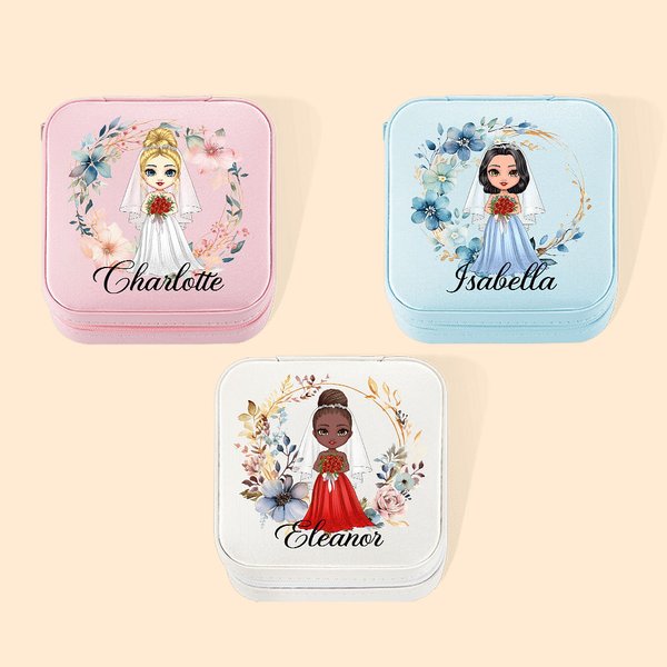 Boîte à Bijoux Personnalisée avec Personnage Nom et Fleur Cadeau Mariage Bridal Shower pour Mariée