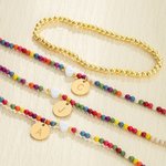 Personalized Boho Style Colorful Beaded Adjustable Anklet Golden Elastic Anklet Set with Engraved Initial Disc Summer Beach Birthday Gift for Women