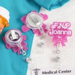 Personalized Pink Glitter Bow Knot Name Badge Reel Appreciation Graduation Gift for Nurse Doctor Office Worker