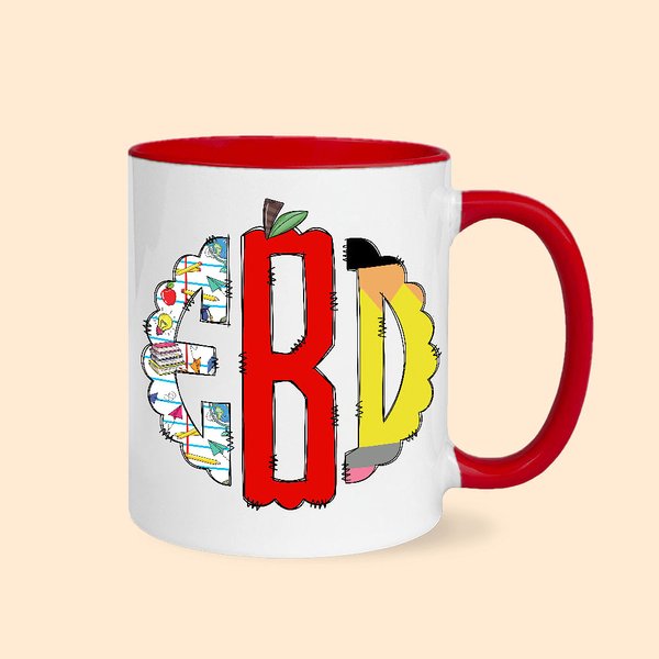 Tasse à Café en Céramique 330ml Personnalisée avec Nom Mug à Motif Pomme Cahier Crayon Cadeau de Rentrée des Classes pour Professeur