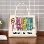Personalised Cute Cartoon Teacher Dalmatian Dots Jute Tote Bag with Name Back to School Appreciation Gift for Teacher