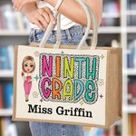 Personalised Cute Cartoon Teacher Dalmatian Dots Jute Tote Bag with Name Back to School Appreciation Gift for Teacher